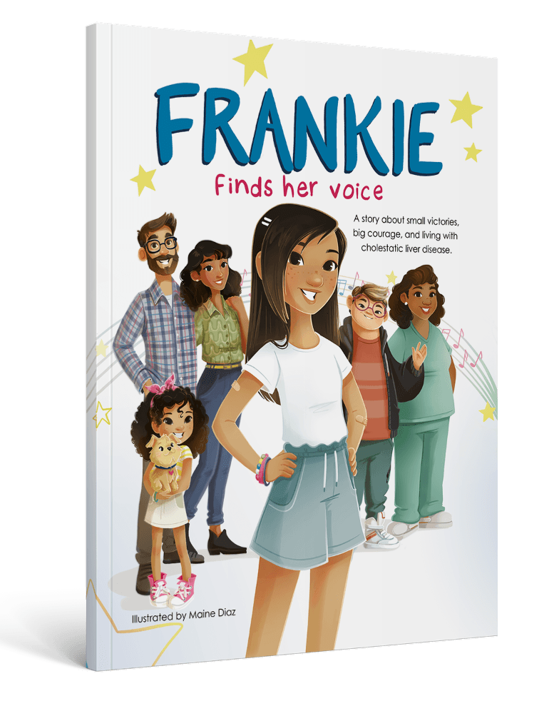 A book cover of Frankie Finds Her Voice showing animated characters, with the main character, a girl named Frankie, in the foreground with her family, a friend, and her school nurse in the background.