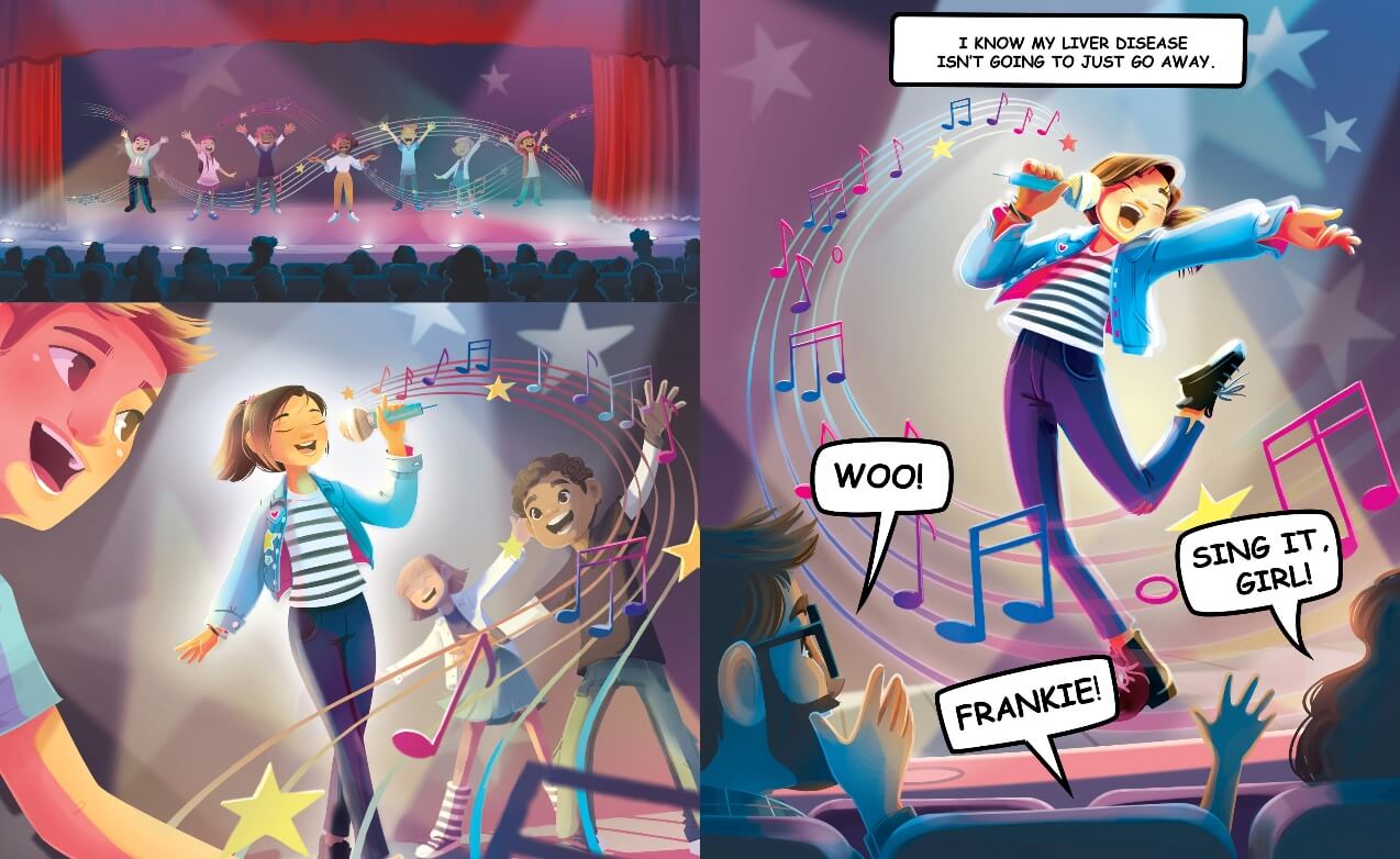 An interior page of the book, Frankie Finds Her Voice, showing Frankie empowered and singing about her cholestatic liver disease (CLD) in her school talent show. The crowd is cheering for her.